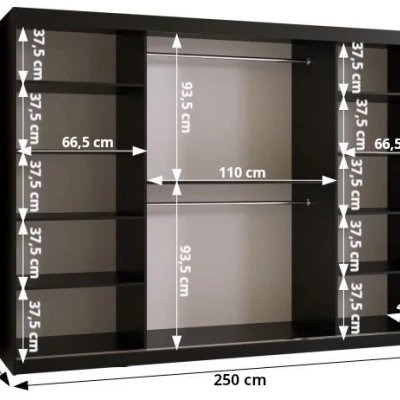 Šatníková skriňa HEDVIKA PREMIUM - 250 cm, čierna / dub wotan