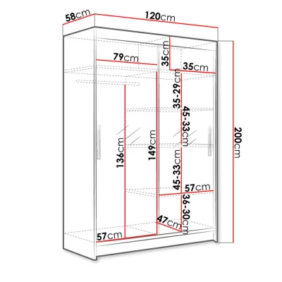 Úzka zrkadlová šatníková skriňa 120 cm GASPARA 7 - biela