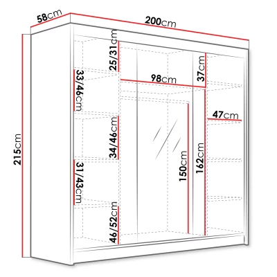 Veľká zrkadlová šatníková skriňa 200 cm TIOGA - biela / čierna