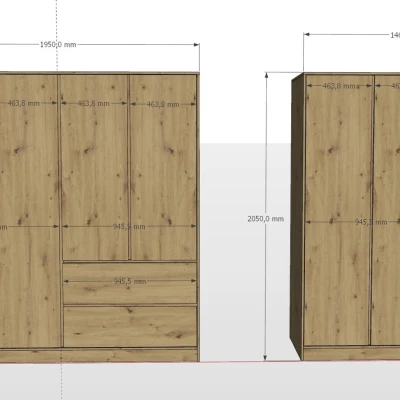 Šatníková skriňa so šuplíkmi 195 cm SHERMAN - dub artisan / antracitová