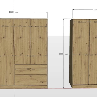 Šatníková skriňa so šuplíkmi 147 cm SHERMAN - dub artisan / antracitová