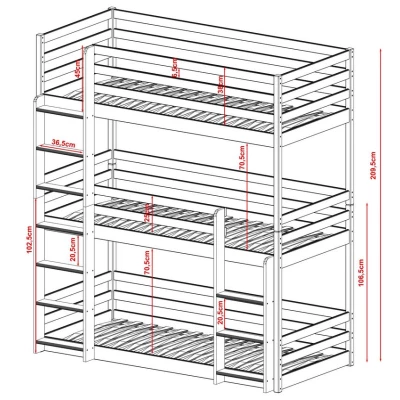 Poschodová posteľ pre troch 90x200 CAPPI - borovica
