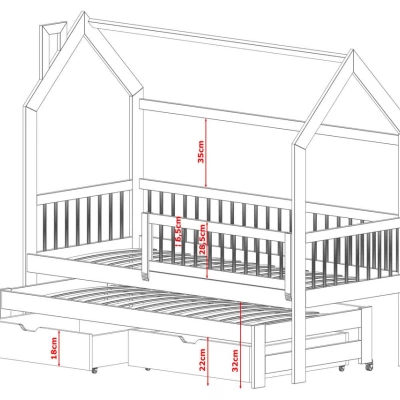 Detská domčeková posteľ 90x200 s prístelkou HARIET - borovica