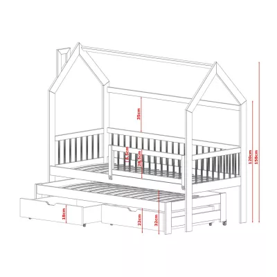 Detská domčeková posteľ 90x200 s prístelkou HARIET - borovica