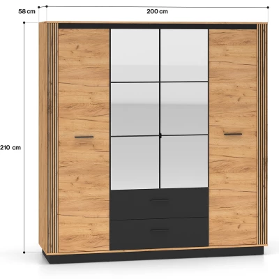 Štvordverová šatníková skriňa 200 cm MING - dub craft zlatý / čierna