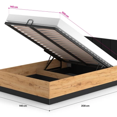 Manželská posteľ 140x200 MING s úložným priestorom - dub craft zlatý / čierna