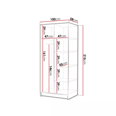 Úzka zrkadlová šatníková skriňa 100 cm SELLY 3 - biela / čierna