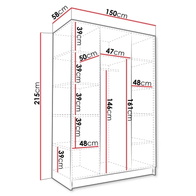 Vysoká zrkadlová šatníková skriňa 150 cm SHEELA 3 - biela / čierna