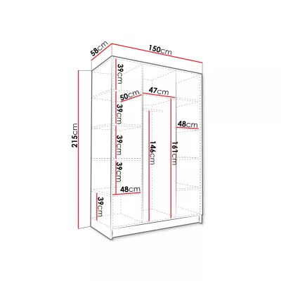 Vysoká zrkadlová šatníková skriňa 150 cm SHEELA 3 - biela / čierna