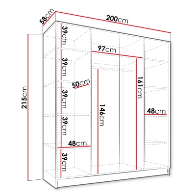 Vysoká šatníková skriňa 200 cm so zrkadlom TOSIA 3 - biela / čierna