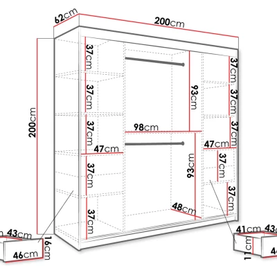 Šatníková skriňa 200 cm so zrkadlom a šuplíkmi CARSON 1 - biely mramor / čierna / zlatá