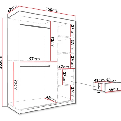 Šatníková skriňa 150 cm so zrkadlom a šuplíkmi CARSON 1 - čierny mramor / čierna / zlatá