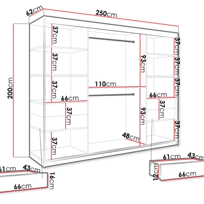 Moderná veľká šatníková skriňa 250 cm so šuplíkmi CARSON 2 - čierny mramor / čierna / zlatá