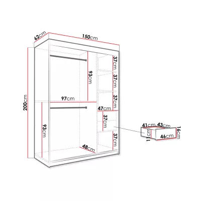 Moderná šatníková skriňa 150 cm so šuplíkmi CARSON 2 - čierny mramor / čierna / zlatá