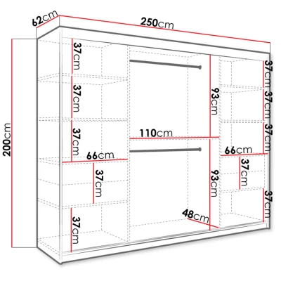 Moderná veľká šatníková skriňa 250 cm CARSON 2 - čierny mramor / čierna / zlatá