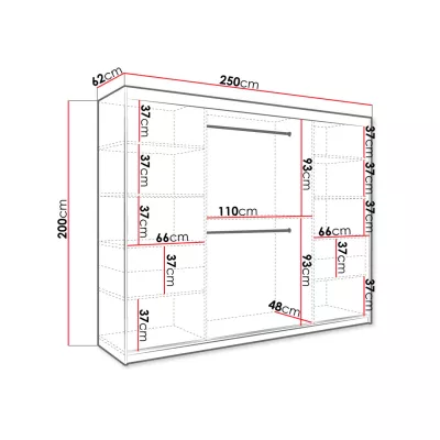 Moderná veľká šatníková skriňa 250 cm CARSON 2 - čierny mramor / čierna / zlatá