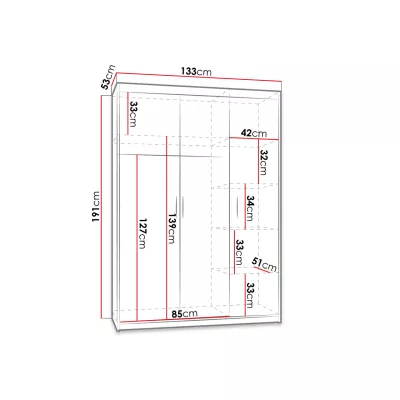 Zrkadlová šatníková skriňa 133 cm ARCATA - dub sonoma