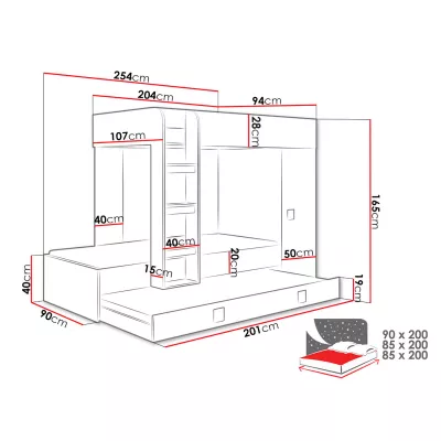 Detská poschodová posteľ s prístelkou 90x200 LANKA 2 - biela / lesklá biela