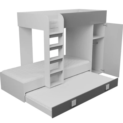 Detská poschodová posteľ s prístelkou 90x200 LANKA 2 - biela / lesklá biela / šedá