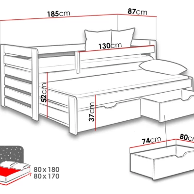 Rozkladacia detská posteľ 80x180 GERA - biela / šedá