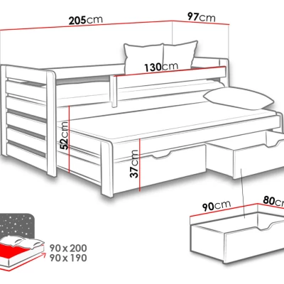 Rozkladacia detská posteľ 90x200 GERA - biela / šedá