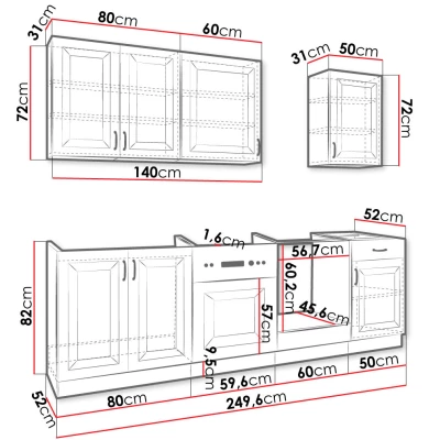 Kuchynská linka 250/250 cm FRYZIA 3 - biela + pracovná doska ZDARMA