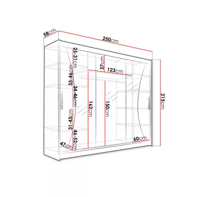 Vysoká zrkadlová šatníková skriňa 250 cm HORTENSIA 8 - biela