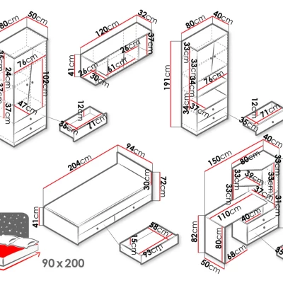 Študentský nábytok s posteľou 90x200 CHIMA 2 - dub artisan / biely / šedý