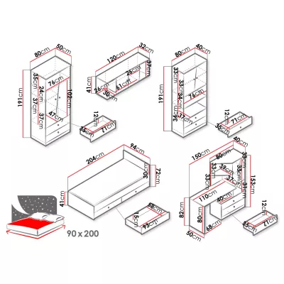 Študentský nábytok s posteľou 90x200 CHIMA 2 - dub artisan / biely / šedý