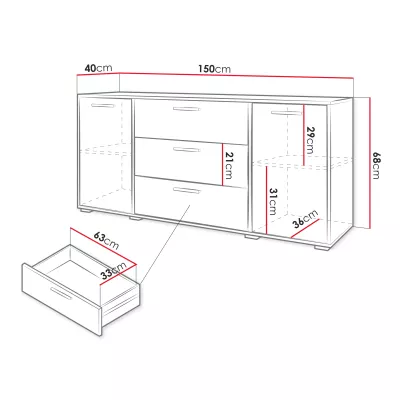 Kombinovaná široká komoda HORUS - matera / lesklá biela