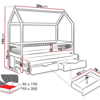 Detská posteľ domček s prístelkou 90x200 DABI - biela