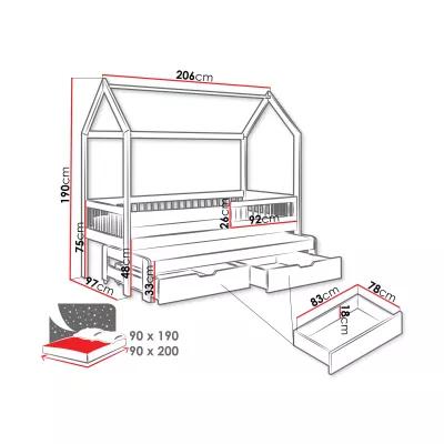 Detská posteľ domček s prístelkou 90x200 DABI - biela