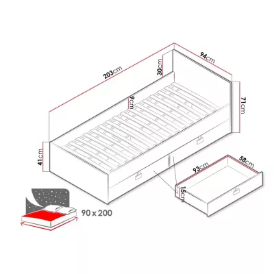 Jednolôžková posteľ do študentskej izby 90x200 BASHIRA - dub / dub artisan lesklý