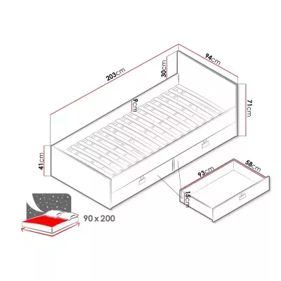 Jednolôžková posteľ do študentskej izby 90x200 BASHIRA - dub / lesklá šedá