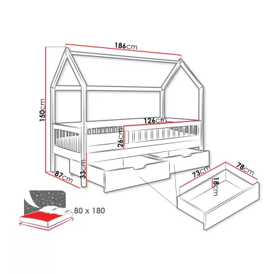 Detská domčeková posteľ so šuplíkmi 80x180 AVALON - buk