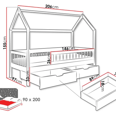 Detská domčeková posteľ so šuplíkmi 90x200 AVALON - biela