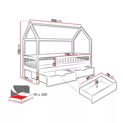 Detská domčeková posteľ so šuplíkmi 90x200 AVALON - biela