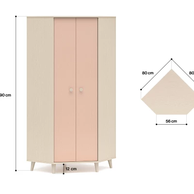 Rohová šatníková skriňa 80 cm do detskej izby OLIVIA - béžová / ružová