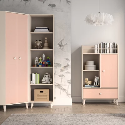 Rohová šatníková skriňa 80 cm do detskej izby OLIVIA - béžová / ružová