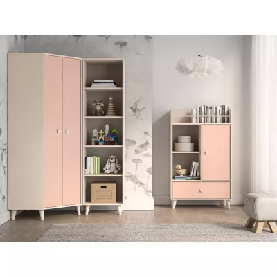 Rohová šatníková skriňa 80 cm do detskej izby OLIVIA - béžová / ružová