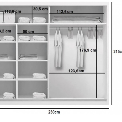 Priestranná šatníková skriňa AMADEO, šírka 230 cm, výška 215 cm