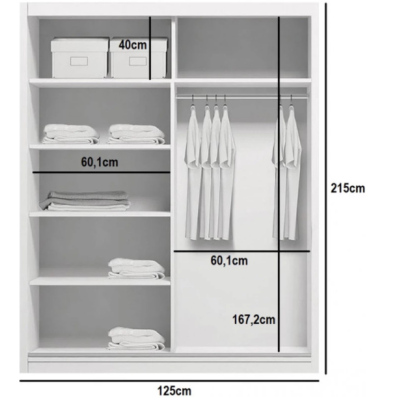 Priestranná šatníková skriňa so zrkadlom HUGO, šírka 125 cm, výška 215 cm